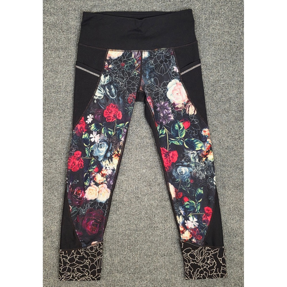 Athleta Floral Print Mesh Pocket Leggings XS Black Multi Color Crop Athletic
